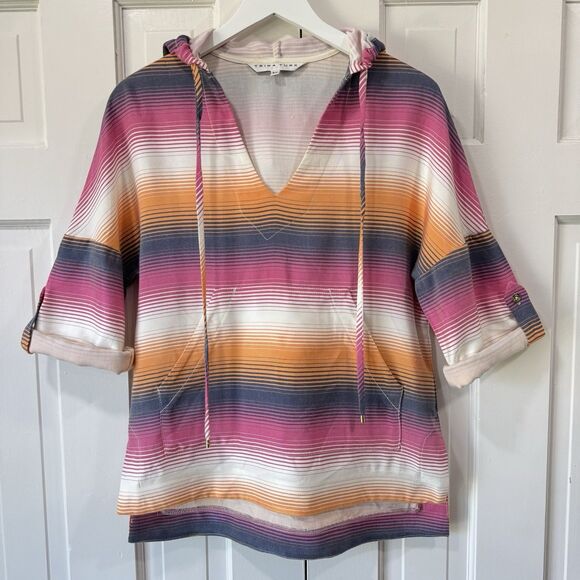 Trina Turk Striped Hoodie Top Kangaroo Pocket Roll Tab Beach Resort Oversized XS - Picture 2 of 14